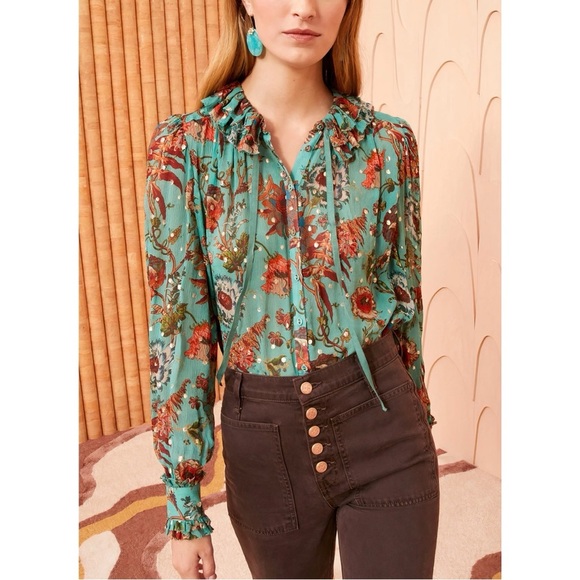 Ulla Johnson Silk-Blend Ruffle Long-Sleeve Floral Pippa Collared Blouse - Picture 1 of 7